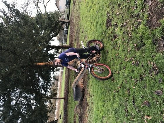 Jonathan on a trials motorcycle for the first time, Battle Ground, WA