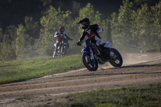 Jonathan riding a flat track bike on the dusty TT course at Valentino Rossi's Motor Ranch