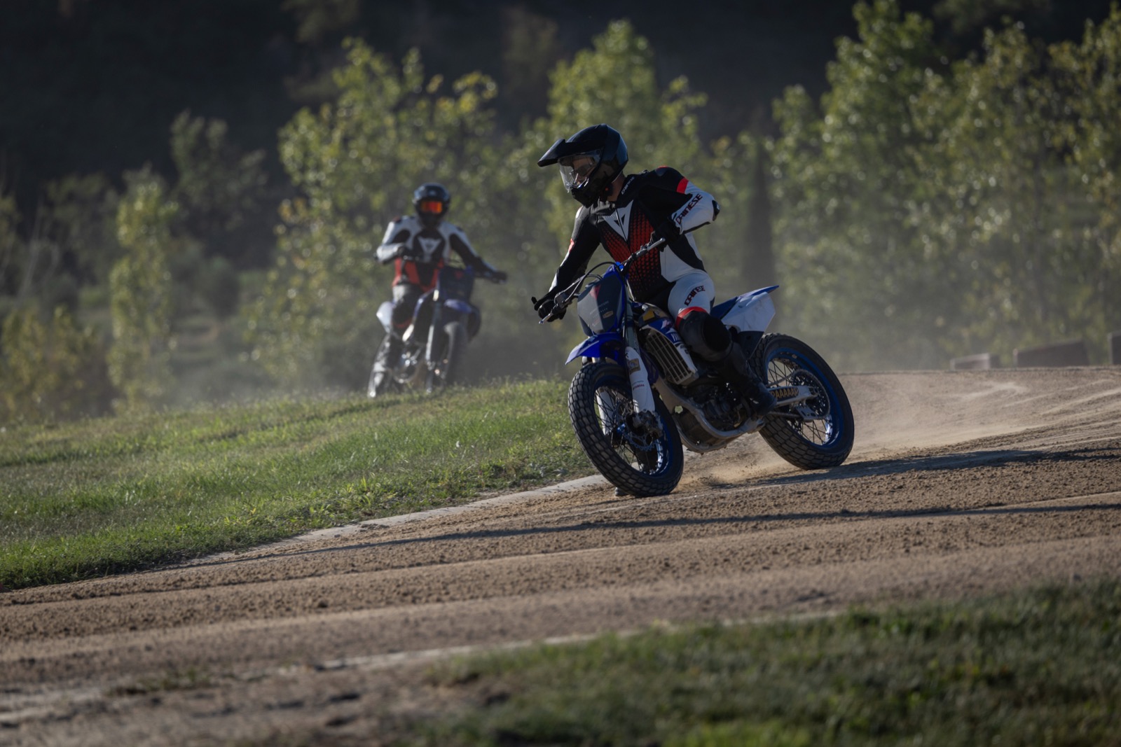 Jonathan riding a flat track bike on the dusty TT course at Valentino Rossi's Motor Ranch