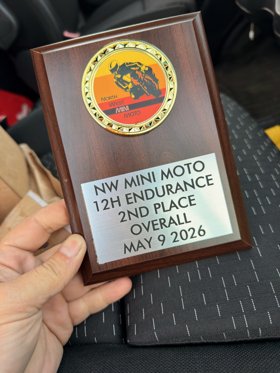NorthWest Mini Moto 12-Hour Endurance 2nd Place Overall plaque, May 9 2026