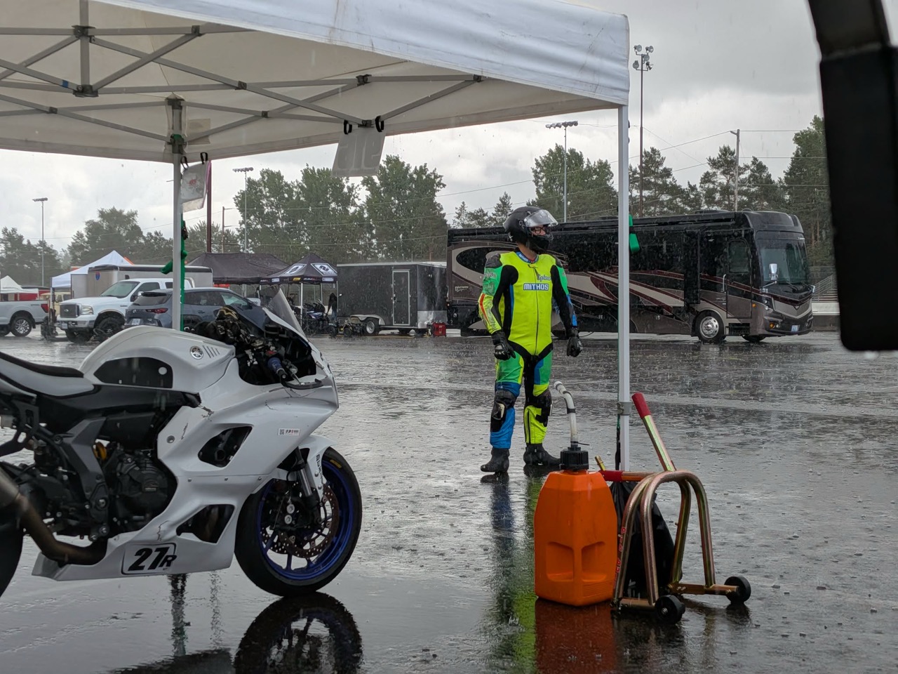 A rain-soaked paddock at Portland International Raceway