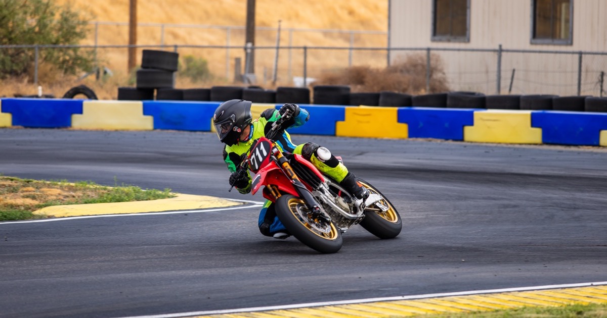 Jonathan Spiva (#711) hard over on the Ducati Desmo450 at Tri-City Kart Club